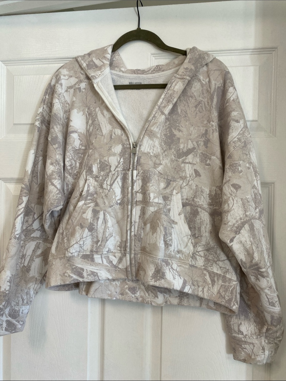Hollister Beige & White Hooded Zip Bomber Jacket
